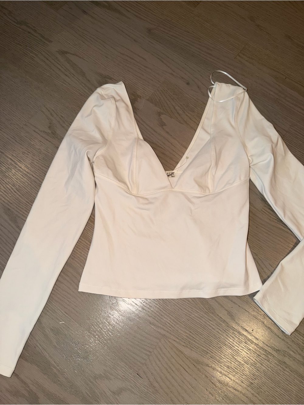 Free People Cream Plunge V-Neck Long Sleeve Top